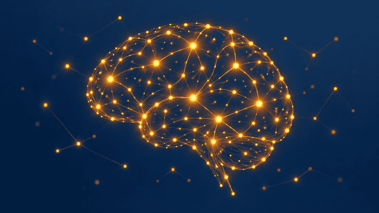Social connection and brain health illustration: amber network of linked nodes on a navy background