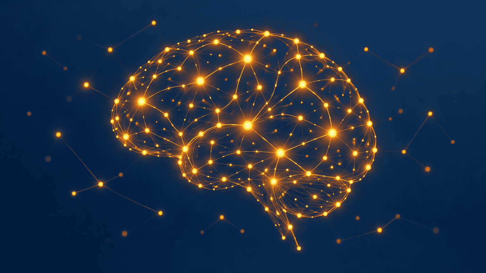 Social connection and brain health illustration: amber network of linked nodes on a navy background