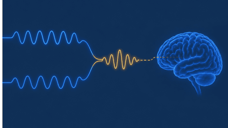 Illustration of binaural beats — two offset sound waves converging toward a brain — representing the contested entrainment claim