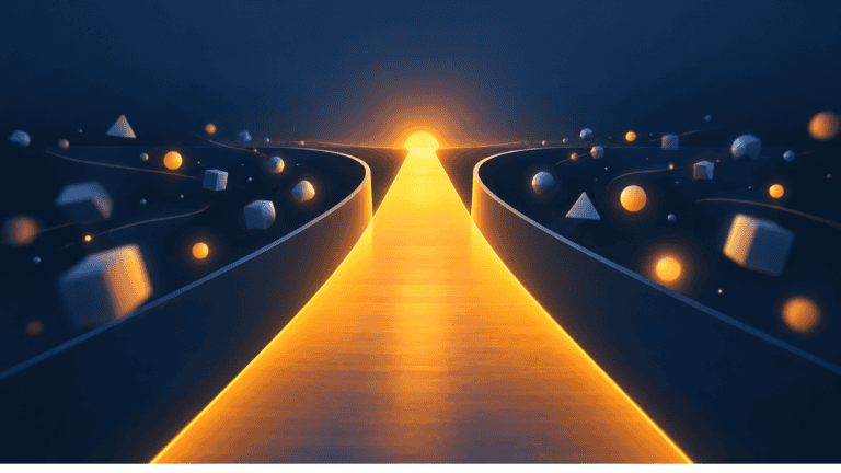 Dopamine detox myth illustration: an amber path of focus with distractions deflected to the sides on navy
