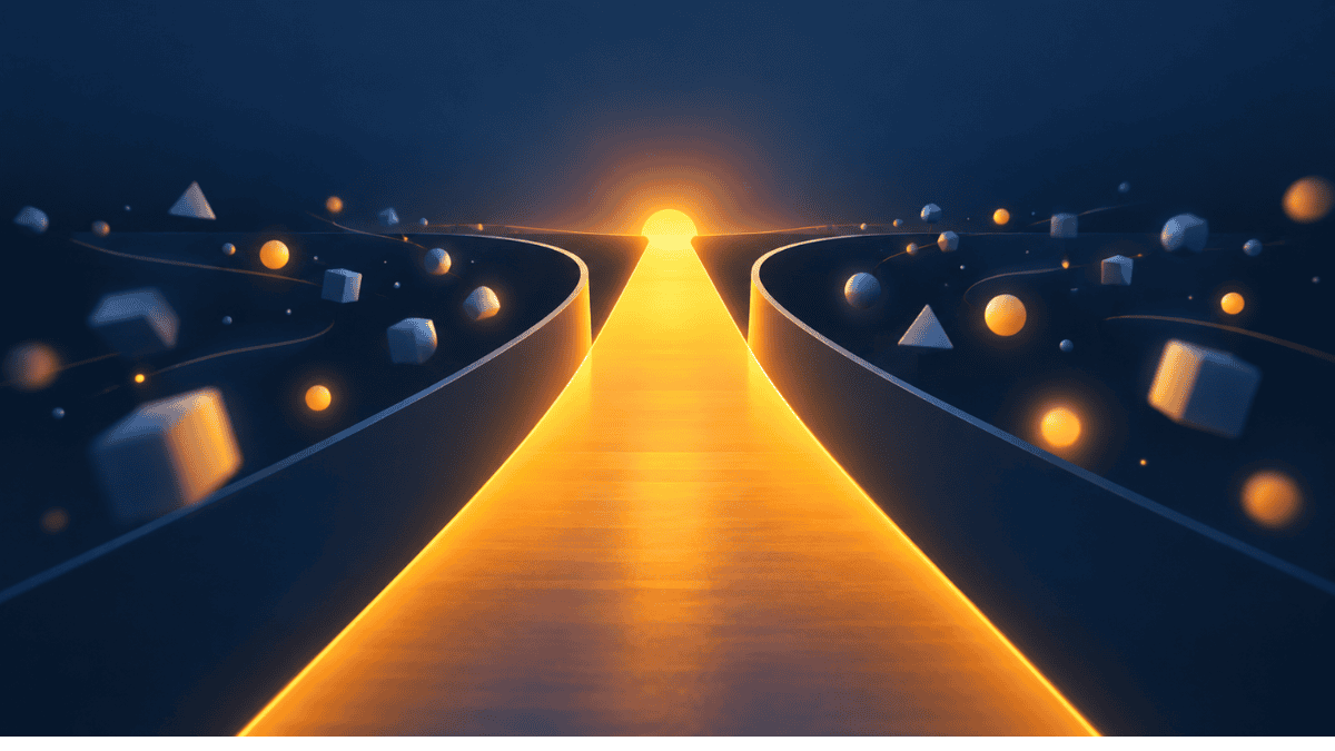 Dopamine detox myth illustration: an amber path of focus with distractions deflected to the sides on navy