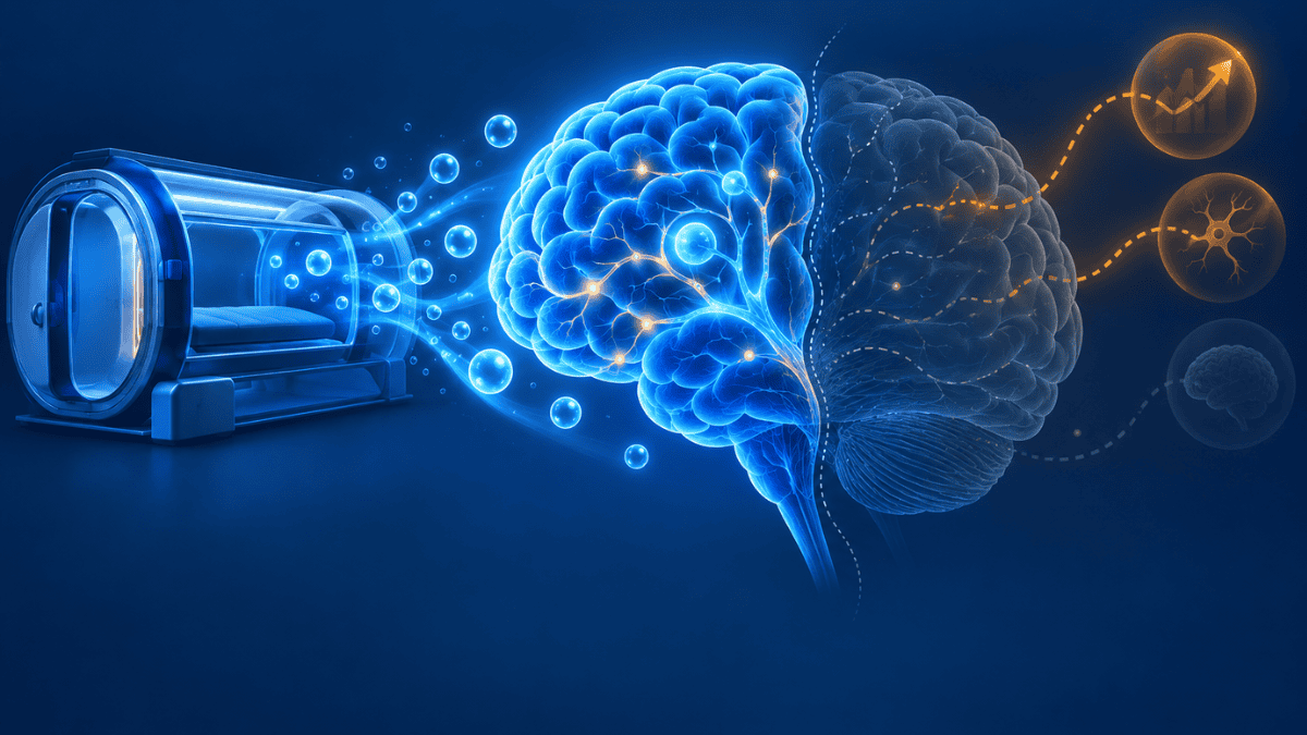 Illustration of hyperbaric oxygen therapy and the brain, contrasting the real evidence with the anti-aging hype