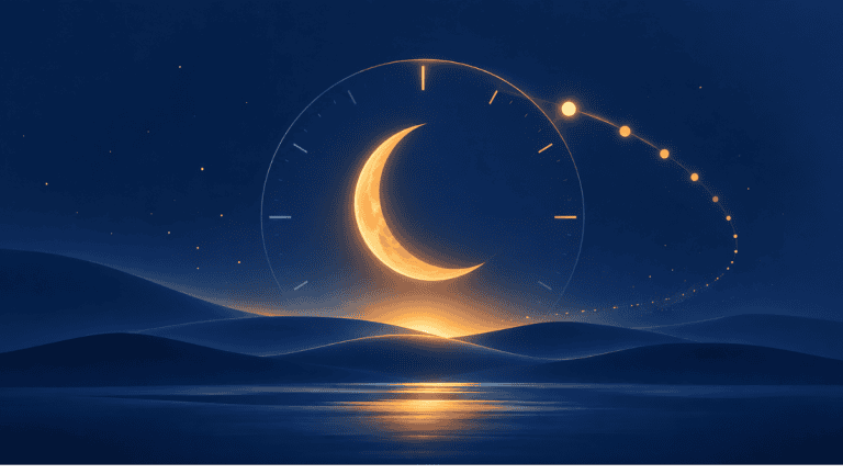 Melatonin dosage illustration: amber crescent moon and body-clock arc on a navy night sky