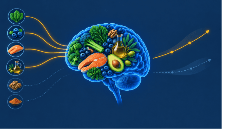 Illustration of the MIND diet and brain health, pairing brain-healthy foods with a brain to represent the signal-vs-hype evidence